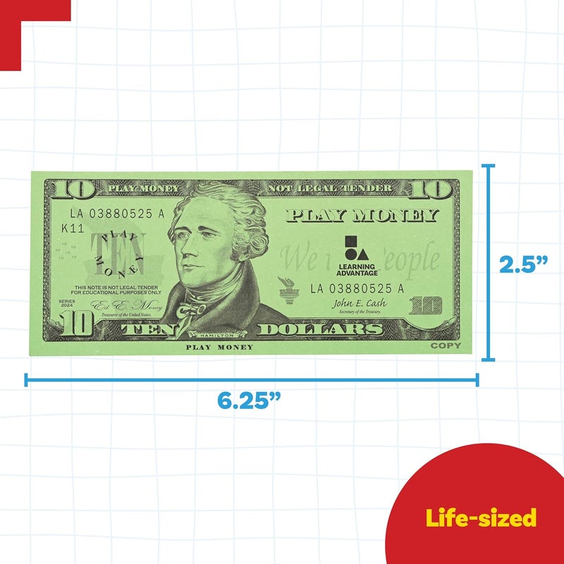 Learning Advantage Ten Dollar Play Bills - Set of 100 $10 Paper Bills - Designed and Sized Like Real US Currency - Teach Currency, Counting and Math with Play Money - Image 3
